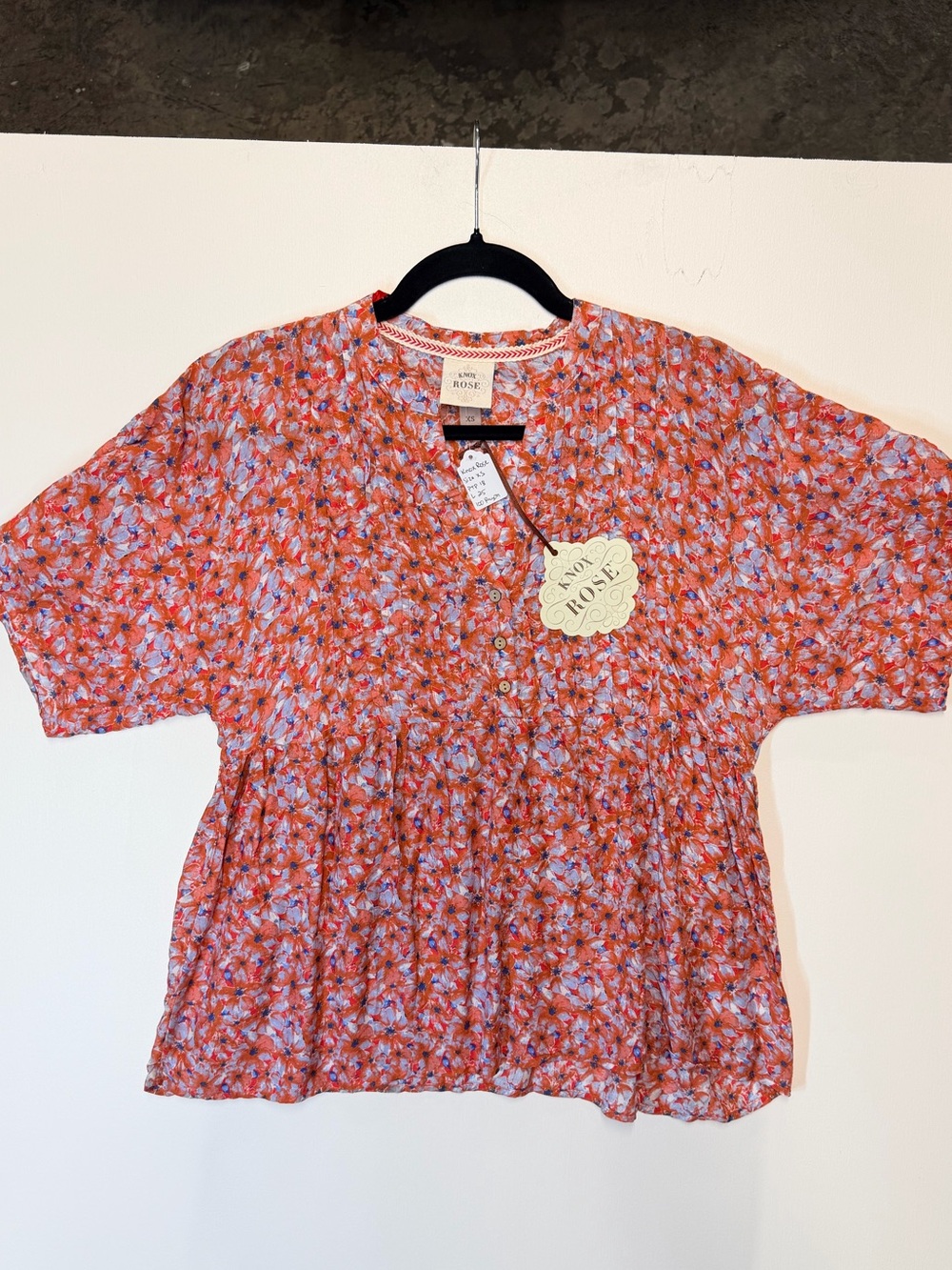 W116 Knox Rose Short Sleeve Floral Boho Top in Orange and Light Blue